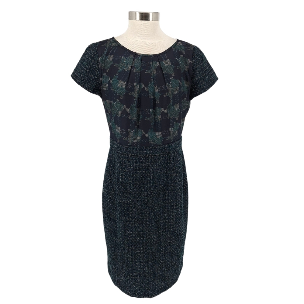 Talbots Sheath Dress Navy Wool Tweed Short Sleeve Pleated Neck Zip Back 12